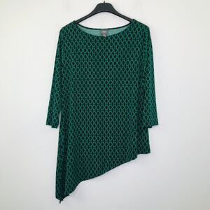 Chicos Travelers 2 Women's Large Shirt Black Green Trellis Print Asymmetric BH20